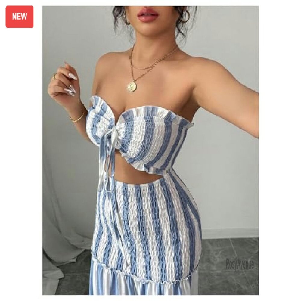 Strapless Maxi Tube Dress Ruffle Hem Cut Out Summer Vacation Long Dress - Picture 5 of 6